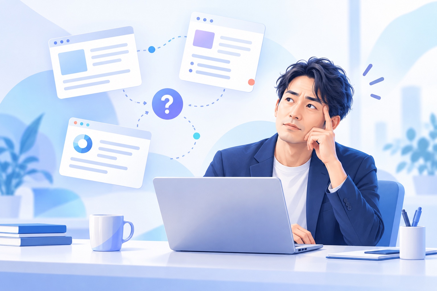 断片的な情報を前に、パソコンでの作業が止まり、次の進め方を考える人のイラスト